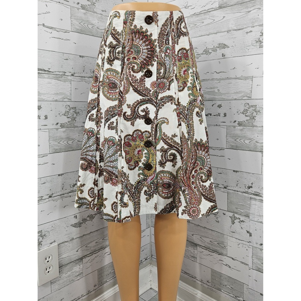 Cabi Cotton Brown Paisley A Line Button Front Skirt Womens 10